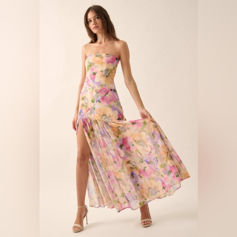 Promesa NWT Floral Strapless Wedding Guest Maxi Dress w Side Slit Size Large